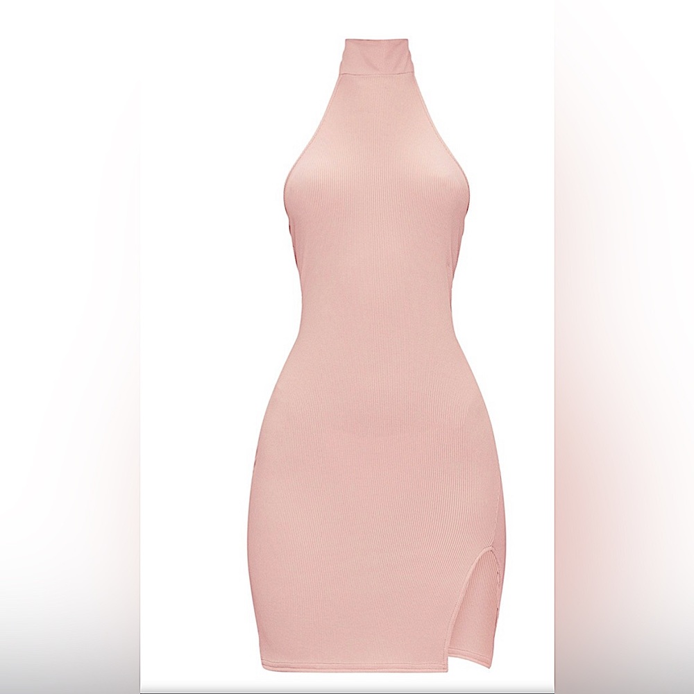 Rose Ribbed High Neck Split Detail Bodycon Dress size 10